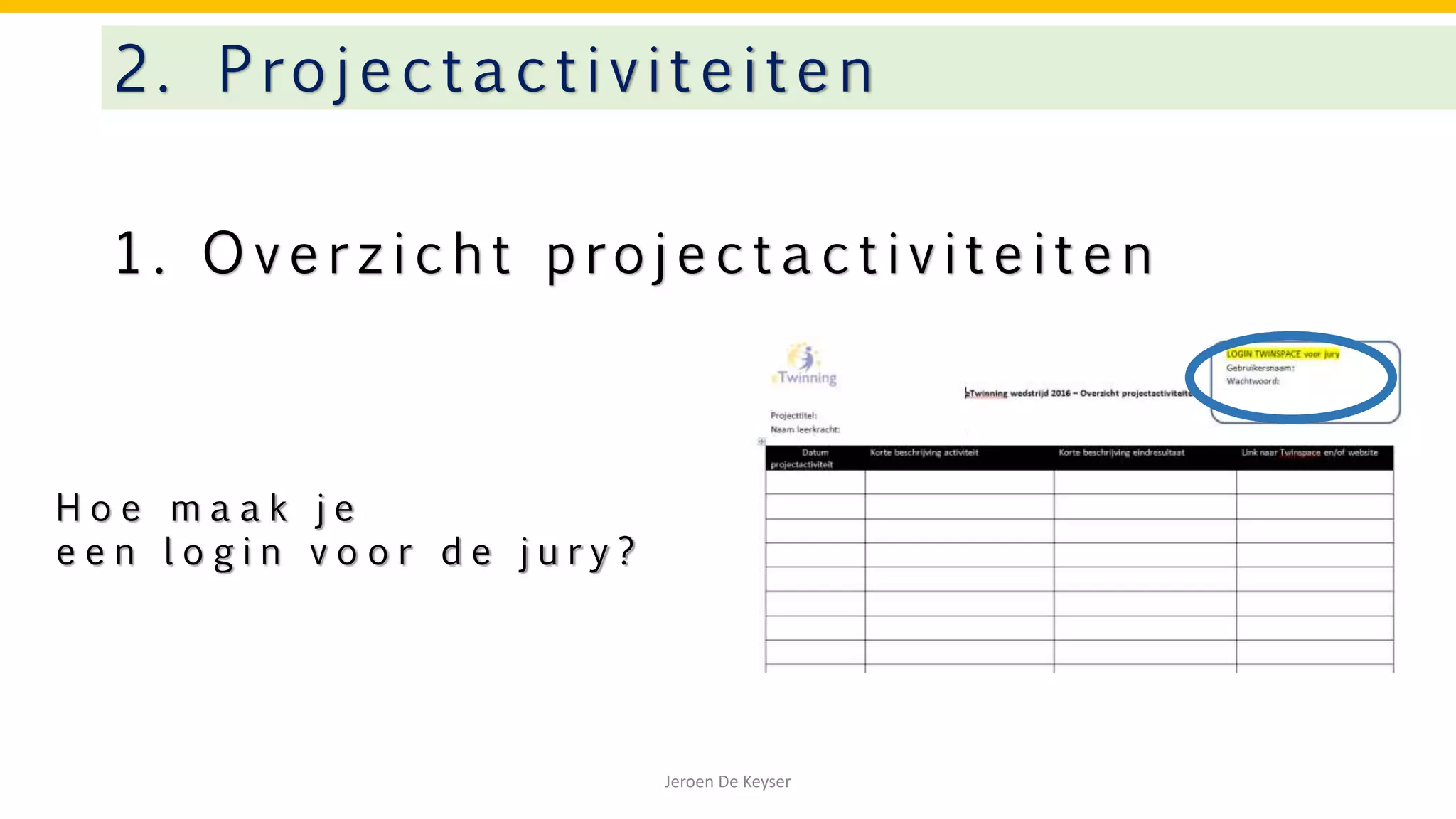 1 . O v e r z i c h t p ro j e c t a c t i v i t e i t e n
2. Projectactivitei te n
Jeroen De Keyser
H o e m a a k j e
e e n l o g i n v o o r d e j u r y ?
 