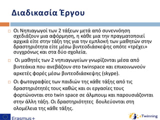 Διαδικασία Έργου
 Οι Νηπιαγωγοί των 2 τάξεων μετά από συνεννόηση
σχεδιάζουν μια αφόρμηση, η κάθε μια την πραγματοποιεί
αρχικά είτε στην τάξη της για την εμπλοκή των μαθητών στην
δραστηριότητα είτε μέσω βιντεοδιάσκεψης οπότε «τρέχει»
συγχρόνως και στα δύο σχολεία.
 Οι μαθητές των 2 νηπιαγωγείων γνωρίζονται μέσα από
βιντεάκια που ανεβάζουν στο twinspace και επικοινωνούν
αρκετές φορές μέσω βιντεοδιάσκεψης (skype).
 Οι φωτογραφίες των παιδιών της κάθε τάξης από τις
δραστηριότητές τους καθώς και οι εργασίες τους
φορτώνονται στο twin space σε άλμπουμ και παρουσιάζονται
στην άλλη τάξη. Οι δραστηριότητες δουλεύονται στη
ολομέλεια της κάθε τάξης.
 