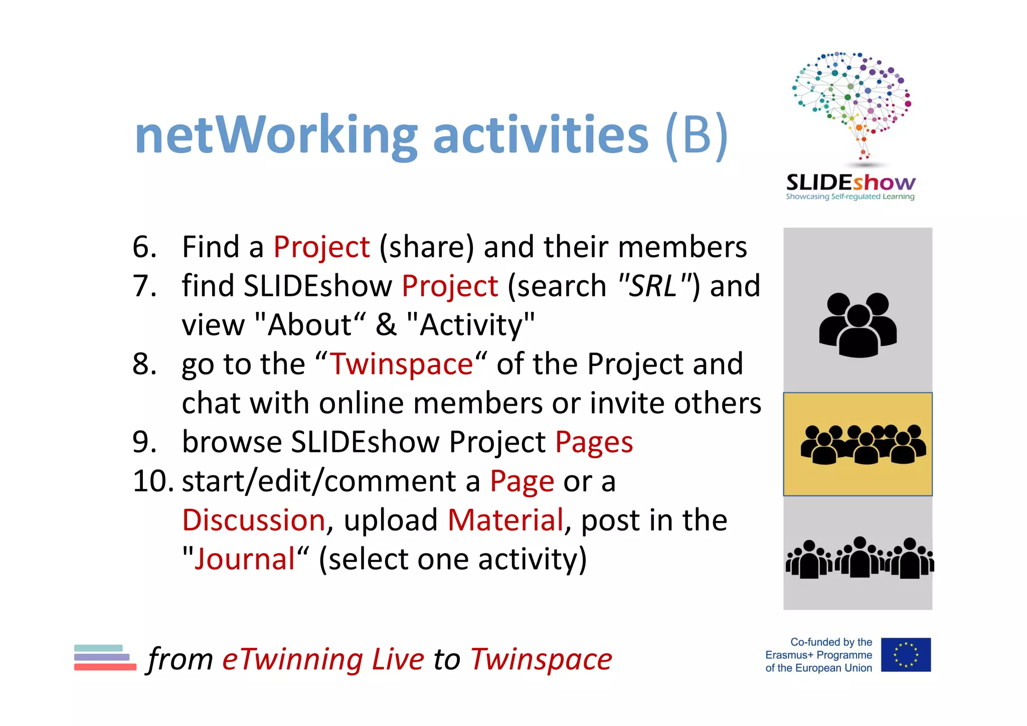 netWorking activities (B)
6. Find a Project (share) and their members
7. find SLIDEshow Project (search "SRL") and
view "About“ & "Activity"
8. go to the “Twinspace“ of the Project and
chat with online members or invite others
9. browse SLIDEshow Project Pages
10. start/edit/comment a Page or a
Discussion, upload Material, post in the
"Journal“ (select one activity)
from eTwinning Live to Twinspace
 