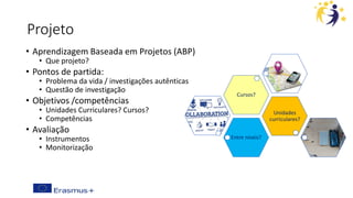 Projeto
• Aprendizagem Baseada em Projetos (ABP)
• Que projeto?
• Pontos de partida:
• Problema da vida / investigações autênticas
• Questão de investigação
• Objetivos /competências
• Unidades Curriculares? Cursos?
• Competências
• Avaliação
• Instrumentos
• Monitorização
Entre níveis?
Unidades
curriculares?
Cursos?
 