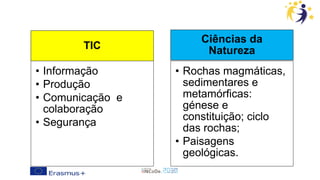 TIC
• Informação
• Produção
• Comunicação e
colaboração
• Segurança
Ciências da
Natureza
• Rochas magmáticas,
sedimentares e
metamórficas:
génese e
constituição; ciclo
das rochas;
• Paisagens
geológicas.
 