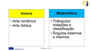 História
• Arte românica
• Arte Gótica
Matemática
• Triângulos:
notações e
classificação
• Ângulos externos
e internos
 