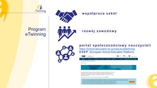 Program
eTwinning
rozwój zawodowy
współpraca szkół
portal społecznościowy nauczycieli
https://school-education.ec.europa.eu/etwinning
E S E P (European School Education Platform)
 