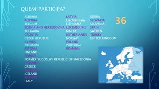 QUEM PARTICIPA?
ALBANIA
AUSTRIA
BELGIUM
BOSNIA AND HERZEGOVINA
BULGARIA
CROATIA
CZECH REPUBLIC
CYPRUS
DENMARK
ESTONIA
FINLAND
FRANCE
FORMER YUGOSLAV REPUBLIC OF MACEDONIA
GERMANY
GREECE
HUNGARY
ICELAND
IRELAND
ITALY
LATVIA
Liechtenstein
LITHUANIA
LUXEMBOURG
MALTA
NETHERLANDS
NORWAY
POLAND
PORTUGAL
ROMANIA
SERBIA
SLOVAKIA
SLOVENIA
SPAIN
SWEDEN
TURKEY
UNITED KINGDOM
 