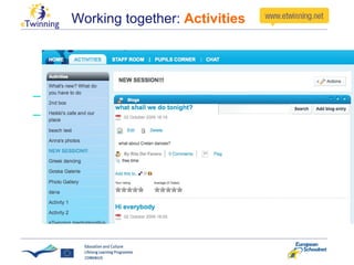 Working together:  Activities The bulk area for project work Administrators (teachers and pupils) can create as many activities pages as they wish (as one could with folders), and choose which tools are used 