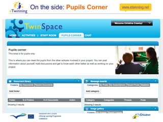 On the side:  Pupils Corner - To encourage pupils to get to know each other, on their own, in their own way. Teachers members  have viewing rights. Teacher admins  can delete. 