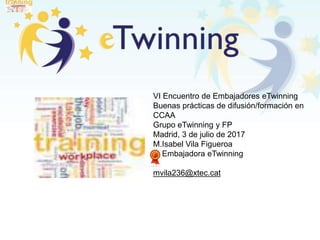 VI Encuentro de Embajadores eTwinning
Buenas prácticas de difusión/formación en
CCAA
Grupo eTwinning y FP
Madrid, 3 de jul...