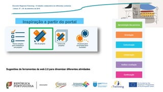 Inspiração a partir do portal
Encontro Regional eTwinning – O trabalho colaborativo em diferentes contextos
Lisboa: 27 – 28 de setembro de 2019
Sugestões de ferramentas da web 2.0 para dinamizar diferentes atividades
 