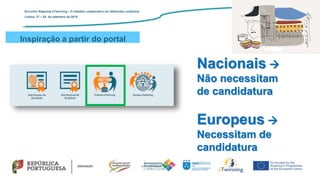 Inspiração a partir do portal
Encontro Regional eTwinning – O trabalho colaborativo em diferentes contextos
Lisboa: 27 – 28 de setembro de 2019
Nacionais 
Não necessitam
de candidatura
Europeus 
Necessitam de
candidatura
 