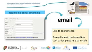 Link de confirmação
Preenchimento de formulário
com dados pessoais e da escola
email
Registo no portal eTwinning
Encontro Regional eTwinning – O trabalho colaborativo em diferentes contextos
Lisboa: 27 – 28 de setembro de 2019
 