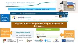 Twinspace: Espaço para colaborar & partilhar
Encontro Regional eTwinning – O trabalho colaborativo em diferentes contextos
Lisboa: 27 – 28 de setembro de 2019
Páginas: Públicas ou privadas (só para membros do
twinspace)
Postagens
são sempre
públicas
Só visível
por
professores
O
Twinspace –
novo aspeto
(12/2018)
 