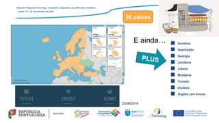 ■ Arménia
■ Azerbaijão
■ Geórgia
■ Jordânia
■ Líbano
■ Moldávia
■ Tunísia
■ Ucrânia
■ Argélia (em breve)
E ainda…
36 países
4 de novembro de 2018
Encontro Regional eTwinning – O trabalho colaborativo em diferentes contextos
Lisboa: 27 – 28 de setembro de 2019
23/09/2019
 