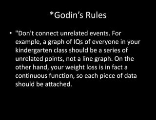 *Godin’s Rules
• "Don't connect unrelated events. For
example, a graph of IQs of everyone in your
kindergarten class should be a series of
unrelated points, not a line graph. On the
other hand, your weight loss is in fact a
continuous function, so each piece of data
should be attached.
 