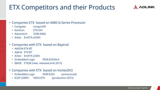 Building Forward Together 3
3
• Companies ETX based on AMD G-Series Processor
• Congatec conga-EAF
• Kontron ETX-OH
• Advantech SOM-4466
• Arbor EmETX-a55E0
• Companies with ETX based on Baytrial
• AAEON ETX-BT
• Adlink ETX-BT
• Arbor EmETX-i2304
• Embedded Logic PEM-E203VLA
• IBASE ET838 (new, released end 2015)
• Companies with ETX based on VortexDX3
• Embedded Logic PEM-E205 (announced)
• ICOP (DMP) VDX3-ETX (production 2015)
ETX Competitors and their Products
 