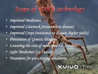 • Improved Medicines
• Improved Livestock (resistance to disease)
• Improved Crops (resistance to disease, higher yields)
• Prevention of Genetic Diseases
• Lowering the cost of medicines (i.e. Insulin)
• Safer Medicines (i.e. Insulin)
• Treatment for pre-existing conditions
 