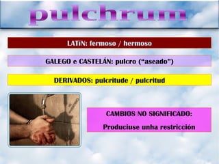 pulchrum LATíN: fermoso / hermoso GALEGO e CASTELÁN: pulcro (“aseado”) DERIVADOS: pulcritude / pulcritud CAMBIOS NO SIGNIFICADO: Produciuse unha restricción 