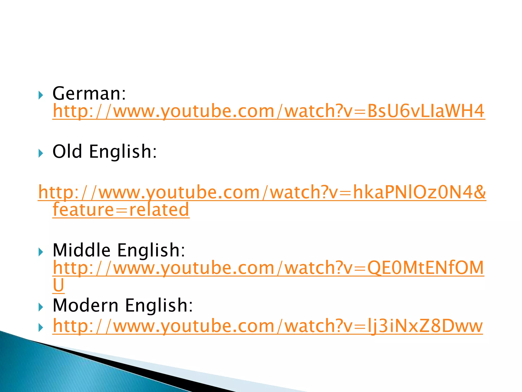    German:
    http://www.youtube.com/watch?v=BsU6vLIaWH4

   Old English:

http://www.youtube.com/watch?v=hkaPNlOz0N4&
 feature=related

   Middle English:
    http://www.youtube.com/watch?v=QE0MtENfOM
    U
   Modern English:
   http://www.youtube.com/watch?v=lj3iNxZ8Dww
 