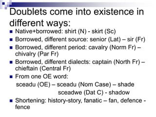 Doublets come into existence in
different ways:
 Native+borrowed: shirt (N) - skirt (Sc)
 Borrowed, different source: senior (Lat) – sir (Fr)
 Borrowed, different period: cavalry (Norm Fr) –
chivalry (Par Fr)
 Borrowed, different dialects: captain (North Fr) –
chieftain (Central Fr)
 From one OE word:
sceadu (OE) – sceadu (Nom Case) – shade
sceadwe (Dat C) - shadow
 Shortening: history-story, fanatic – fan, defence -
fence
 