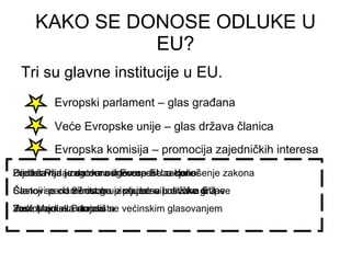KAKO SE DONOSE ODLUKE U EU? Tri su glavne institucije u EU. E v ropski parlament – glas građana Veće E v ropske unije – glas država članica E v ropska komisija – promocija zajedničkih interesa Zadaća mu je da donosi Europske zakone Članovi parlamenta grupiraju se u političke grupe Zastupaju sva stajališta Dijeli s Parlamentom odgovornost za donošenje zakona Sastoji se od ministara iz vlada svih država EU Većina odluka donosi se većinskim glasovanjem Predstavlja i zagovara interese EU u cjelini Sastoji se od 27 osoba – po jedna iz svake države Jos é  Manuel Barroso 