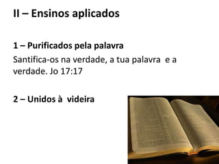 II – Ensinos aplicados
1 – Purificados pela palavra
Santifica-os na verdade, a tua palavra e a
verdade. Jo 17:17
2 – Unidos à videira
 