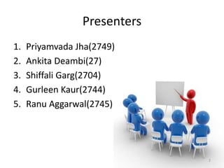 Presenters 
1. Priyamvada Jha(2749) 
2. Ankita Deambi(27) 
3. Shiffali Garg(2704) 
4. Gurleen Kaur(2744) 
5. Ranu Aggarwal...