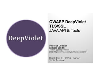 OWASP DeepViolet
TLS/SSL
JAVA API & Tools
Project Leader
Milton Smith
Twitter: @deepvioletapi
Blog: https://www.securitycurmudgeon.com/
Black Hat EU 2016 London
Tools Arsenal
 