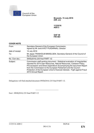 11335/16 ADD 2 RGP/ab
DG G 2A EN
Council of the
European Union
Brussels, 15 July 2016
(OR. en)
11335/16
ADD 2
GAF 46
FIN 483
COVER NOTE
From: Secretary-General of the European Commission,
signed by Mr Jordi AYET PUIGARNAU, Director
date of receipt: 14 July 2016
To: Mr Jeppe TRANHOLM-MIKKELSEN, Secretary-General of the Council of
the European Union
No. Cion doc.: SWD(2016) 235 final PART 1/2
Subject: Commission staff working document - Statistical evaluation of irregularities
reported for 2015 Own Resources, Natural Resources, Cohesion Policy,
Pre-accession and Direct expenditure Accompanying the document Report
from the Commission to the European Parliament and the Council -
Protection of the European Union's financial interests - Fight against Fraud
2015 Annual Report
Delegations will find attached document SWD(2016) 235 final PART 1/2.
Encl.: SWD(2016) 235 final PART 1/2
 