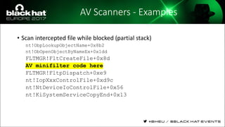 AV Scanners - Examples
• Scan intercepted file while blocked (partial stack)
nt!ObpLookupObjectName+0x8b2
nt!ObOpenObjectByNameEx+0x1dd
FLTMGR!FltCreateFile+0x8d
AV minifilter code here
FLTMGR!FltpDispatch+0xe9
nt!IopXxxControlFile+0xd9c
nt!NtDeviceIoControlFile+0x56
nt!KiSystemServiceCopyEnd+0x13
 