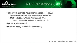 NTFS Transactions - Facts
• Taken from Storage Developer conference – 2009:
• TxF accounts for ~30% of NTFS driver size on AMD64
• MSDN lists 19 new Win32 *Transacted() APIs
• 22 file I/O APIs whose behavior is affected by TxF
• Deprecated on arrival
• Still used today (almost 11 years later)
 