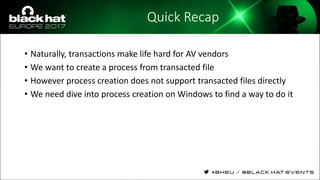 Quick Recap
• Naturally, transactions make life hard for AV vendors
• We want to create a process from transacted file
• However process creation does not support transacted files directly
• We need dive into process creation on Windows to find a way to do it
 