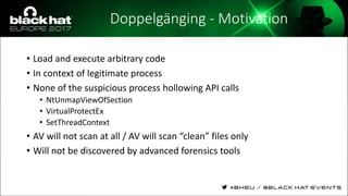 Doppelgänging - Motivation
• Load and execute arbitrary code
• In context of legitimate process
• None of the suspicious process hollowing API calls
• NtUnmapViewOfSection
• VirtualProtectEx
• SetThreadContext
• AV will not scan at all / AV will scan “clean” files only
• Will not be discovered by advanced forensics tools
 