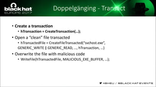 Doppelgänging - Transact
• Create a transaction
• hTransaction = CreateTransaction(…);
• Open a “clean” file transacted
• hTransactedFile = CreateFileTransacted(“svchost.exe”,
GENERIC_WRITE | GENERIC_READ, …, hTransaction, …)
• Overwrite the file with malicious code
• WriteFile(hTransactedFile, MALICIOUS_EXE_BUFFER, …);
 