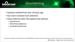 GhostWritingA paradox: Writing to another process without opening it nor actually writing to it
• Injection method from over 10 years ago
• Has never received much attention
• Inject arbitrary code into explorer.exe without:
• OpenProcess
• WriteProcessMemory
• CreateRemoteThread
Original post by c0de90e7: http://blog.txipinet.com/2007/04/05/69-a-paradox-writing-to-another-process-without-openning-it-nor-actually-writing-to-it/
 