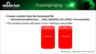 Doppelgänging - Load
• Create a section from the transacted file
• NtCreateSection(&hSection, …, PAGE_READONLY, SEC_IMAGE, hTransactedFile);
• The created section will point to our malicious executable
Section
svchost.exe
File
svchost.exe
 