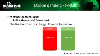 Doppelgänging - Rollback
• Rollback the transaction
• RollbackTransaction(hTransaction);
• Effectively removes our changes from the file system
Section
svchost.exe
File
svchost.exe
 