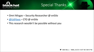 Special Thanks
• Omri Misgav – Security Researcher @ enSilo
• @UdiYavo – CTO @ enSilo
• This research wouldn’t be possible without you
 