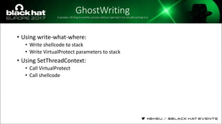 GhostWritingA paradox: Writing to another process without opening it nor actually writing to it
• Using write-what-where:
• Write shellcode to stack
• Write VirtualProtect parameters to stack
• Using SetThreadContext:
• Call VirtualProtect
• Call shellcode
 