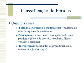 Classificação de Feridas
 Quanto a causa
 Feridas Cirúrgicas ou traumáticas: Resultante de
uma cirurgia ou de um trauma.
 Patológicas: Ocorre como consequência de uma
patologia, (úlcera de pressão, neoplasia, úlceras
venosas e arteriais).
 Iatrogênicas: Resultantes de procedimentos ou
tratamentos (radioterapia).
 