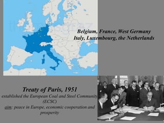 Belgium, France, West Germany
                                    Italy, Luxembourg, the Netherlands




          Treaty of Paris, 1951
established the European Coal and Steel Community
                      (ECSC)
  aim: peace in Europe, economic cooperation and
                     prosperity
 