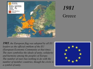 1981
                                                      Greece

                     .




1985, the European flag was adopted by all EU
leaders as the official emblem of the EU
(European Economic Community at that time).
The stars symbolize the ideals of unity, solidarity
and harmony among the peoples of Europe.
The number of stars has nothing to do with the
number of member countries, though the circle is
a symbol of unity.
 