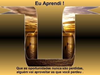 Eu Aprendi ! Que as oportunidades nunca são perdidas, alguém vai aproveitar as que você perdeu . 