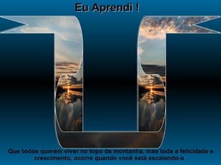 Eu Aprendi ! Que todos querem viver no topo da montanha, mas toda a felicidade e crescimento, ocorre quando você está escalando-a . 