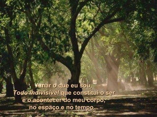 Amar o que eu sou, Todo   indivisível  que constitui o ser e o acontecer do meu corpo, no espaço e no tempo... 