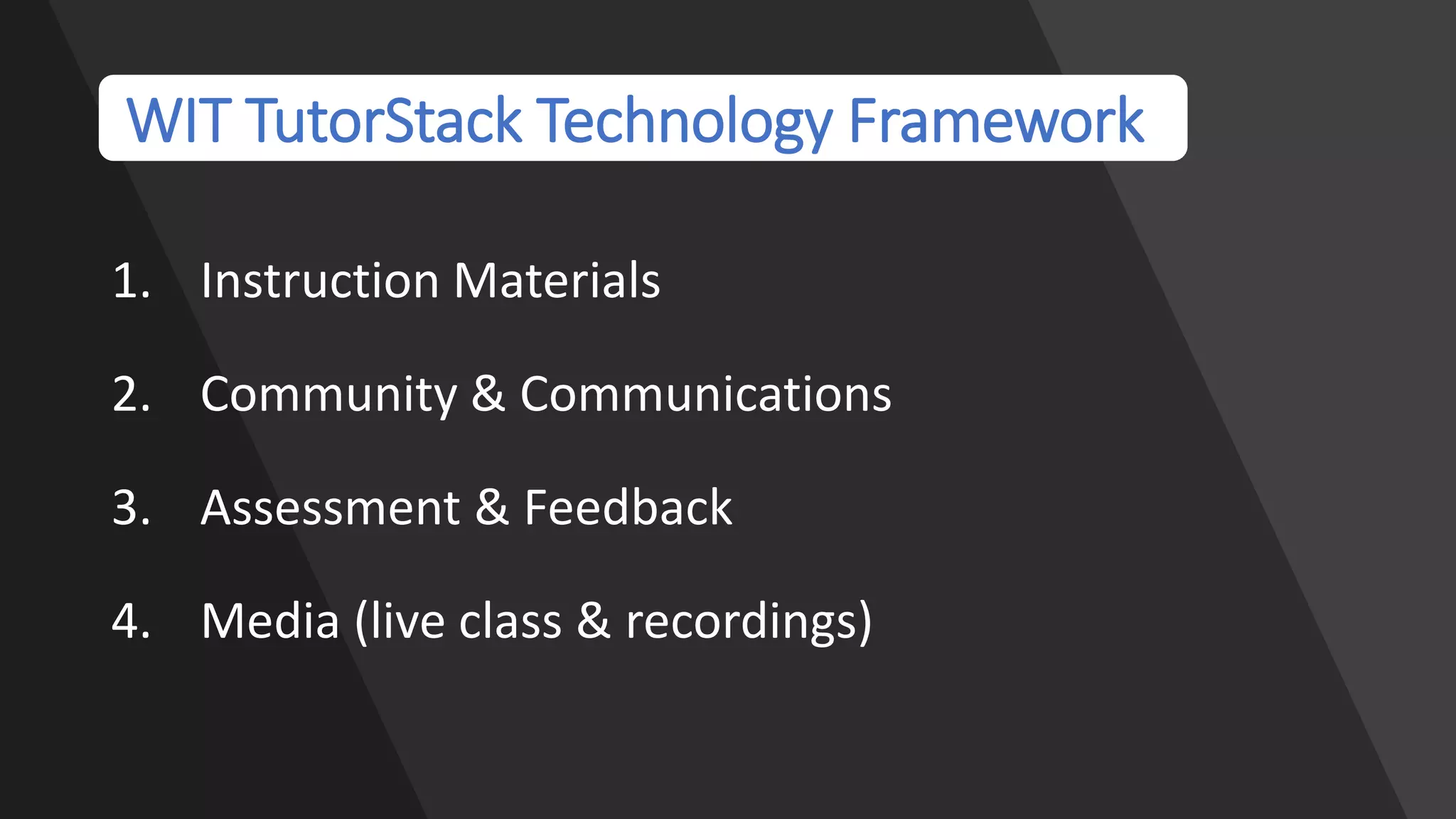 WIT TutorStack Technology Framework
1. Instruction Materials
2. Community & Communications
3. Assessment & Feedback
4. Media (live class & recordings)
 