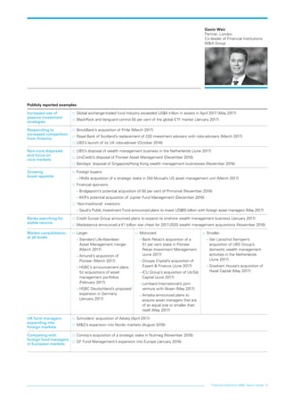 Financial institutions M&A: Sector trends 9
Gavin Weir
Partner, London
Co-leader of Financial Institutions
M&A Group
Publicly reported examples
Increased use of
passive investment
strategies
…… Global exchange-traded fund industry exceeded US$4 trillion in assets in April 2017 (May 2017)
…… BlackRock and Vanguard control 55 per cent of the global ETF market (January 2017)
Responding to
increased competition
from fintechs
…… BinckBank’s acquisition of Pritle (March 2017)
…… Royal Bank of Scotland’s replacement of 220 investment advisers with robo-advisers (March 2017)
…… UBS’s launch of its UK robo-adviser (October 2016)
Non-core disposals
and focus on
core markets
…… UBS’s disposal of wealth management business in the Netherlands (June 2017)
…… UniCredit’s disposal of Pioneer Asset Management (December 2016)
…… Barclays’ disposal of Singapore/Hong Kong wealth management businesses (November 2016)
Growing
buyer appetite
…… Foreign buyers:
–– HNA’s acquisition of a strategic stake in Old Mutual’s US asset management unit (March 2017)
…… Financial sponsors:
–– Bridgepoint’s potential acquisition of 50 per cent of Primonial (November 2016)
–– KKR’s potential acquisition of Jupiter Fund Management (December 2016)
…… ‘Non-traditional’ investors:
–– Saudi’s Public Investment Fund announced plans to invest US$65 billion with foreign asset managers (May 2017)
Banks searching for
stable returns
…… Credit Suisse Group announced plans to expand its onshore wealth management business (January 2017)
…… Mediobanca announced a €1 billion war chest for 2017-2020 wealth management acquisitions (November 2016)
Market consolidation,
at all levels
…… Larger:
–– Standard Life-Aberdeen
Asset Management merger
(March 2017)
–– Amundi’s acquisition of
Pioneer (March 2017)
–– HSBC’s announcement plans
for acquisitions of asset
management portfolios
(February 2017)
–– HSBC Deutschland’s proposed
expansion in Germany
(January 2017)
…… Mid-sized:
–– Bank Pekao’s acquisition of a
51 per cent stake in Pioneer
Pekao Investment Management
(June 2017)
–– Groupe Crystal’s acquisition of
Expert & Finance (June 2017)
–– ICU Group’s acquisition of UkrSib
Capital (June 2017)
–– Lombard International’s joint
venture with Akaan (May 2017)
–– Amaika announced plans to
acquire asset managers that are
of an equal size or smaller than
itself (May 2017)
…… Smaller:
–– Van Lanschot Kempen’s
acquisition of UBS Group’s
domestic wealth management
activities in the Netherlands
(June 2017)
–– Gresham House’s acquisition of
Hazel Capital (May 2017)
UK fund managers
expanding into
foreign markets
…… Schroders’ acquisition of Adveq (April 2017)
…… M&G’s expansion into Nordic markets (August 2016)
Competing with
foreign fund managers
in European markets
…… Convoy’s acquisition of a strategic stake in Nutmeg (November 2016)
…… GF Fund Management’s expansion into Europe (January 2016)
LON0417076 FIG_M&A_trends_broch_42.indd 9 27/06/2017 10:44:14
 