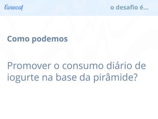 Como podemos 
Promover o consumo diário de 
iogurte na base da pirâmide? 
o desafio é... 
 