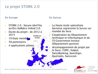 Berner Fachhochschule | Haute école spécialisée bernoise | Bern University of Applied Sciences
Le projet STORK 2.0
En Europe
▶ STORK 2.0 - Secure idenTity
acrOss boRders linKed 2.0
▶ Durée du projet : de 2012 à
2015
▶ 19 Etats membres
▶ 58 partenaires
▶ 4 applications pilotes
En Suisse
▶ La Haute école spécialisée
bernoise représente la Suisse sur
mandat du Seco
▶ Coopération du Département
technique et informatique et de
l’E-Government Institut
(Département gestion)
▶ Accompagnement de projet par
le Seco, l’UPIC, fedpol,
SwissBanking, SwissSign,
QuoVadis, Swisscom
 