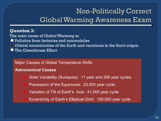 Question 3: The main cause of Global Warming is: Pollution from factories and automobiles Orbital eccentricities of the Earth and variations in the Sun’s output. The Greenhouse Effect   Major Causes of Global Temperature Shifts Astronomical Causes Solar Variability (Sunspots):  11 year and 206 year cycles. Precession of the Equinoxes:  23,000 year cycle. Variation of Tilt of Earth’s  Axis:  41,000 year cycle Eccentricity of Earth’s Elliptical Orbit:  100,000 year cycle 