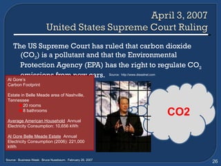 The US Supreme Court has ruled that carbon dioxide (CO 2 ) is a pollutant and that the Environmental Protection Agency (EPA) has the right to regulate CO 2  emissions from new cars. Source:  http://www.dieselnet.com CO2 Al Gore’s  Carbon Footprint Estate in Belle Meade area of Nashville, Tennessee 20 rooms 8 bathrooms Average American Household   Annual Electricity Consumption: 10,656 kWh Al Gore Belle Meade Estate   Annual Electricity Consumption (2006): 221,000 kWh Source:  Business Week:  Bruce Nussbaum.  February 26, 2007 