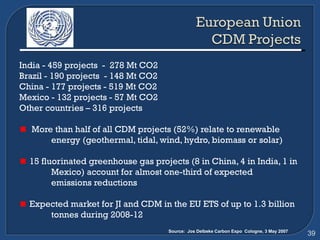 India - 459 projects  -  278 Mt CO2 Brazil - 190 projects  - 148 Mt CO2 China - 177 projects - 519 Mt CO2 Mexico - 132 projects - 57 Mt CO2 Other countries – 316 projects More than half of all CDM projects (52%) relate to renewable  energy (geothermal, tidal, wind, hydro, biomass or solar) 15 fluorinated greenhouse gas projects (8 in China, 4 in India, 1 in Mexico) account for almost one-third of expected  emissions reductions Expected market for JI and CDM in the EU ETS of up to 1.3 billion tonnes during 2008-12 Source:  Jos Delbeke Carbon Expo  Cologne, 3 May 2007 